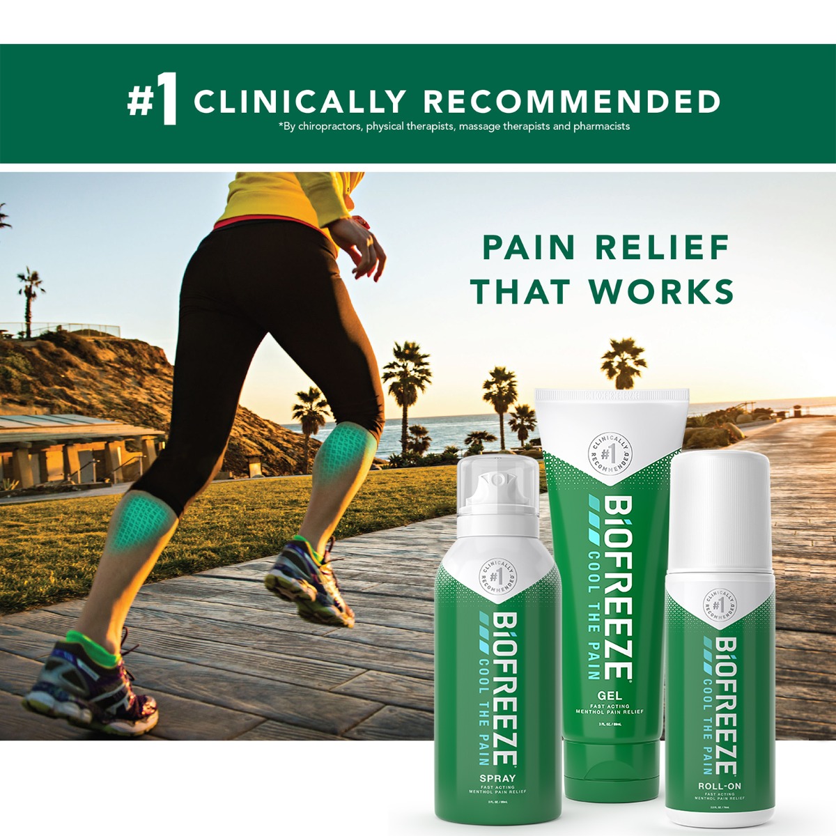 3 different Biofreeze Classic products for fast acting pain relief pictured left to right: spray bottle, squeeze bottle & roll-on.