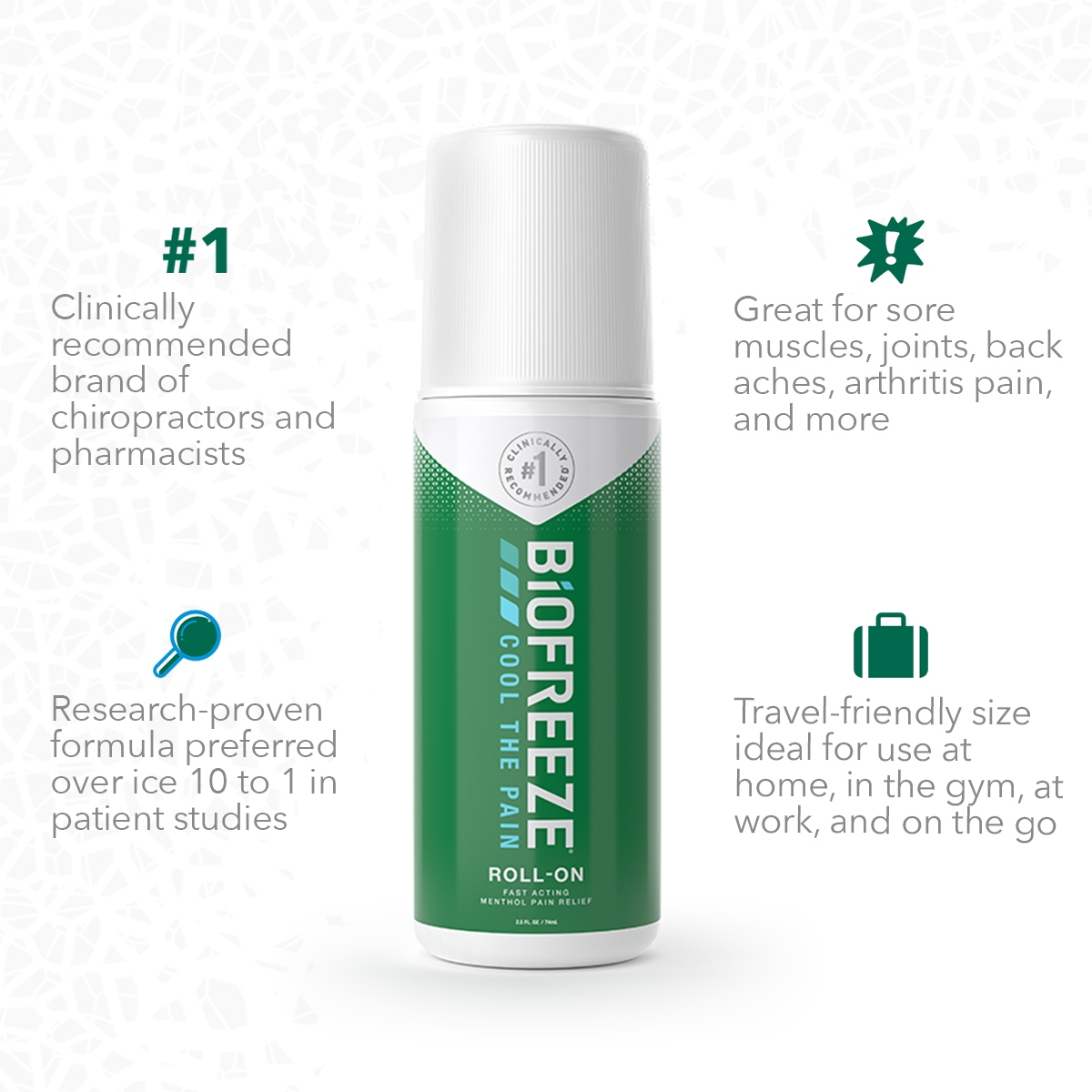 3 different Biofreeze Classic products for fast acting pain relief pictured left to right: spray bottle, squeeze bottle & roll-on.