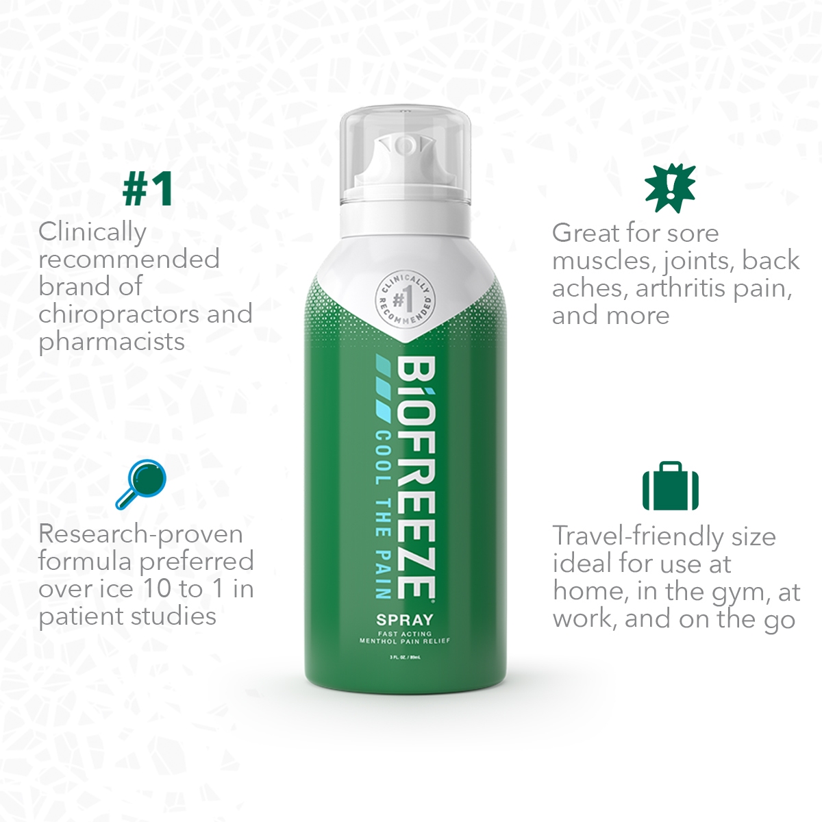 3 different Biofreeze Classic products for fast acting pain relief pictured left to right: spray bottle, squeeze bottle & roll-on.